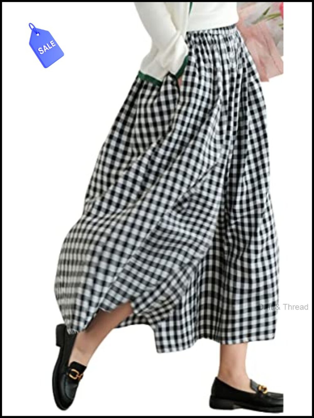 Cotton Linen Wide Leg Capri Pants Elastic Waist Plaid Gingham Palazzo